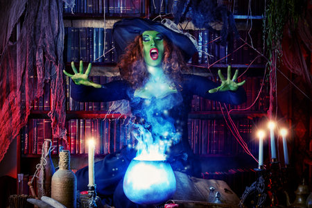 Fairy wicked witch in the wizarding lair. Magic. Halloween.
