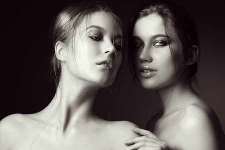 Black-and-white portrait of two beautiful sensual women.の写真素材