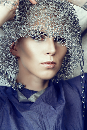 Fashionable designer collection with the use of metal wire. Avant-garde style. Futurism.の写真素材