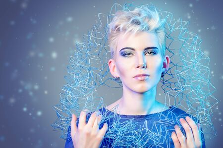 Fashionable designer collection with the use of metal wire. Avant-garde style. Futurism. Studio shot.の写真素材