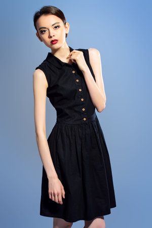 Portrait of a beautiful brunette model. Makeup and hair in the sixties style. Studio shot.