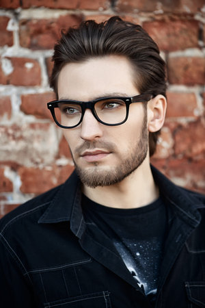 Handsome man in black jacket and spectacles posing outdoor by a brick wall. Men's beauty, fashion. Business style.の写真素材