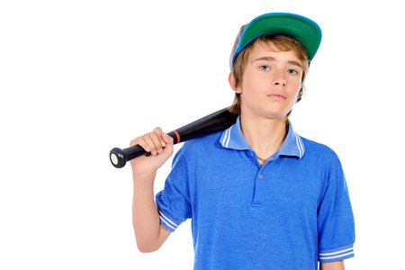 Portrait of a boy teenager holding baseball bat. Isolated over white background.