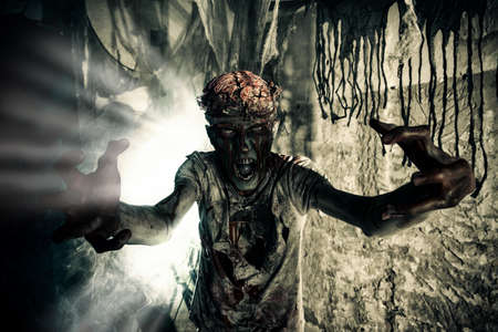 Terrible bloody zombie man  with the brains out in search of his victim. Horror. Halloween concept.の写真素材