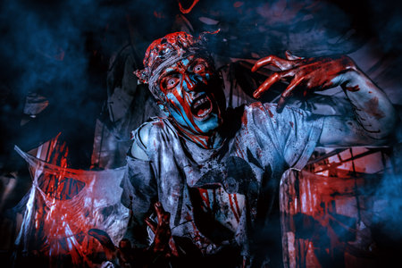 Terrible bloody zombie man  with the brains out in search of his victim. Horror. Halloween concept.