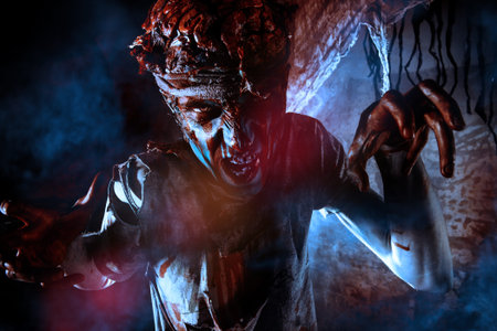 Bloody zombie man with brains out. Horror. Halloween.