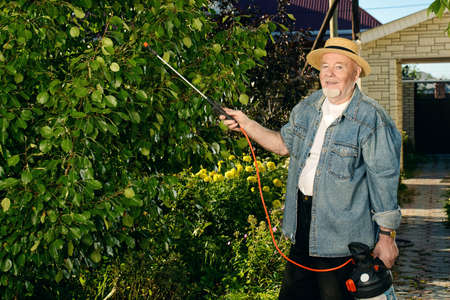 Senior man pollinate trees in the garden with pests spray. Gardening and vegetable farming.の写真素材