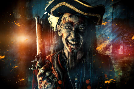 Portrait of a noble brave dead pirate. Zombie pirate. Halloween.の写真素材
