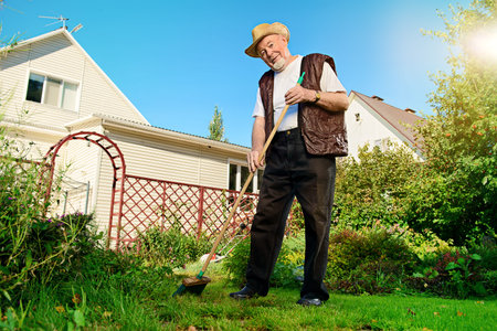 Raking in the garden. Happy senior man gardening in retirement.の写真素材