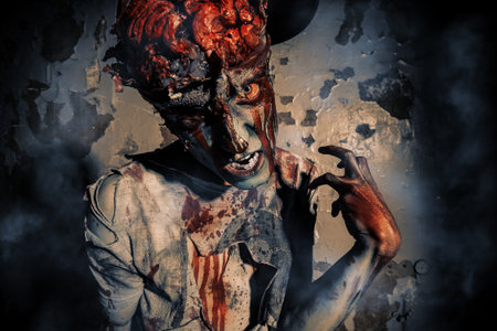 Bloody zombie man with brains out. Horror. Halloween.