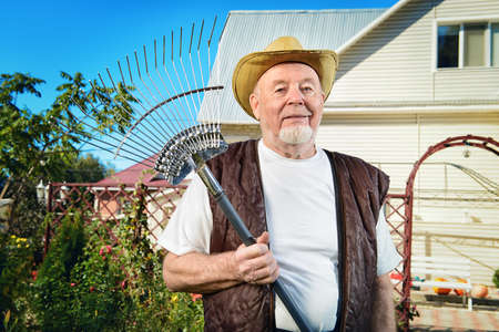 Raking in the garden. Happy senior man gardening in retirement.の写真素材
