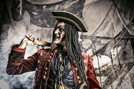 Portrait of a noble brave dead pirate. Zombie pirate. Halloween.