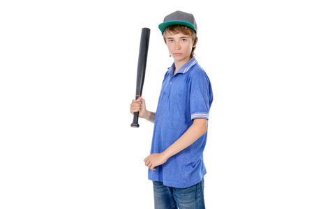 Portrait of a boy teenager holding baseball bat. Isolated over white background.