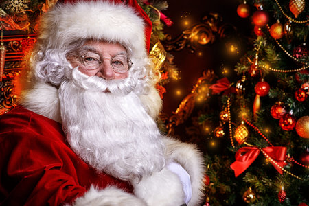 Christmas concept. Close-up portrait of a fairytale Santa Claus. Good old traditions. Family holidays.の写真素材
