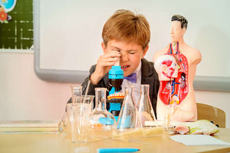 Schoolboy looking in the microscope during the lesson of chemistry or biology in school. Educational concept.の写真素材