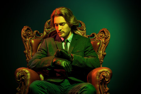 Handsome man in an expensive suit and black leather gloves sitting in a classical vintage armchair.