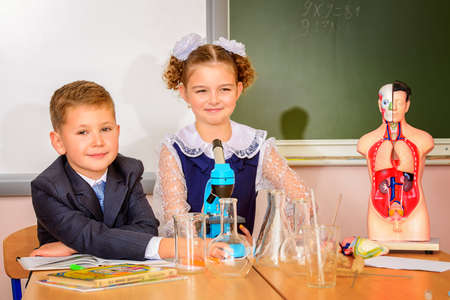 Students at the lesson of chemistry or biology in school. Educational concept.の写真素材