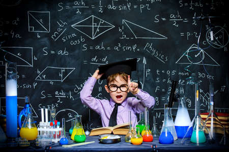 Little boy scientist in the laboratory. Educational concept.の写真素材
