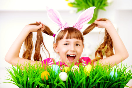 Easter holidays. Funny happy girl wearing bunny ears celebrating Easter at home.