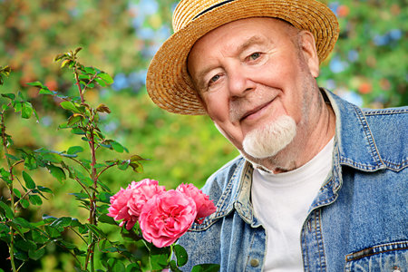 Portrait of a handsome senior man growing roses in his garden. Gardening and floriculture. Happy...