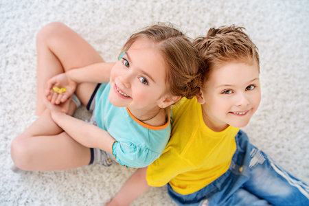 Portrait of happy joyful children at home. Family concept.