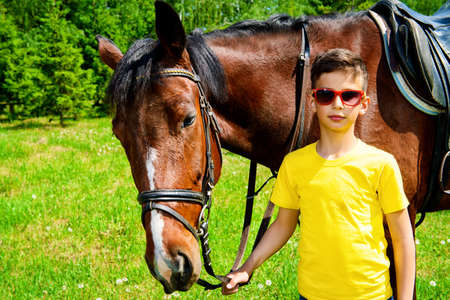 The boy is riding a horse in the park. Sunny summer day.の写真素材