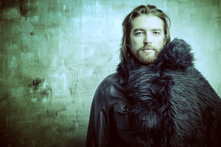 Fashion shot of a stylish brutal bearded man wearing fur coat. Studio shot over grunge background.