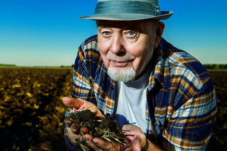 An elderly farmer holds a handful of fertile black soil in his hands and smiling. Agriculture, crop...