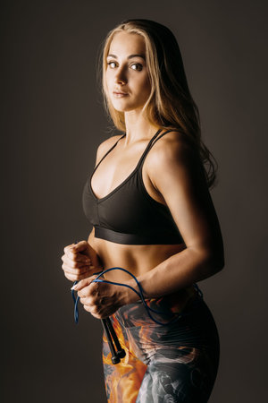Muscular young woman with beautiful athletic body posing at studio. Active, healthy lifestyle....