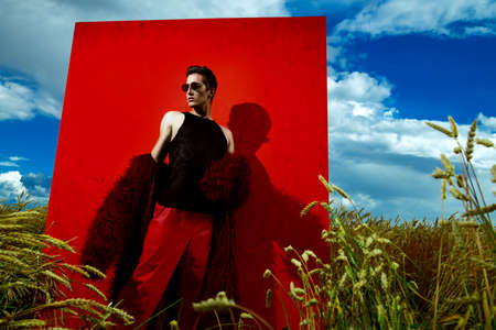 Fashion shot of a professional handsome male model in long red fur coat posing in a wheat field.の写真素材