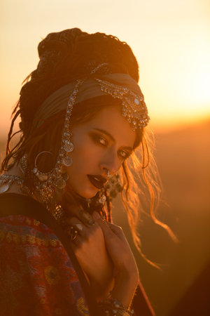 Beautiful fashion model posing in boho style clothes in the rays of the sunset. Outdoor fashion.