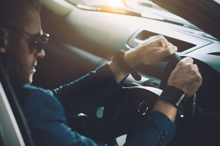 Mature man driving a car. Vehicle concept.