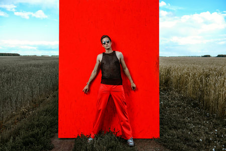 Fashion shot of a professional handsome male model posing in a wheat field. Full length portrait.