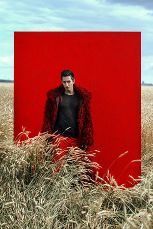 Fashion shot of a professional handsome male model in long red fur coat posing in a wheat field. Full length portrait.の写真素材