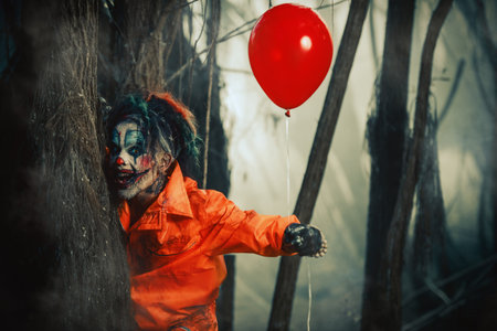 Scary man clown stained in blood in a night forest with a balloon. Male zombie clown. Halloween....