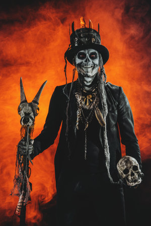 A man with a skull makeup dressed in a tail-coat and a top-hat. Baron Saturday. Baron Samedi. Dia de...