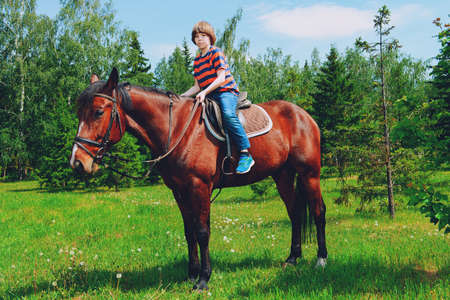 The boy is riding a horse in the park. Sunny summer day.の写真素材