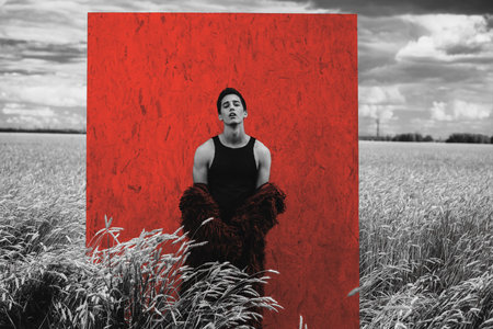 Fashion shot of a professional handsome male model in long red fur coat posing in a wheat field.