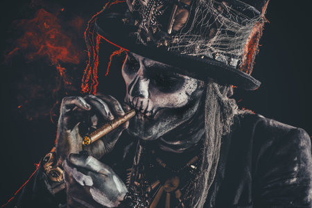 Baron Saturday. Baron Samedi. A man with a skull makeup dressed in a tail-coat and a top-hat. Dia de...