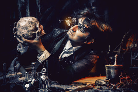 Portrait of a medieval scientist working in his laboratory. Alchemist. Halloween.