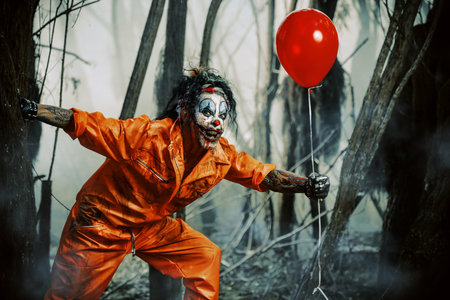 Scary man clown stained in blood in a night forest with a balloon. Male zombie clown. Halloween....