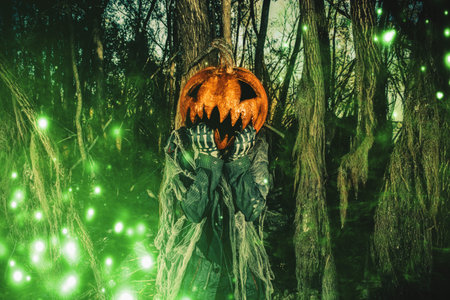 Halloween character. A terrible Jack-lantern with a pumpkin on his head wanders through the night...