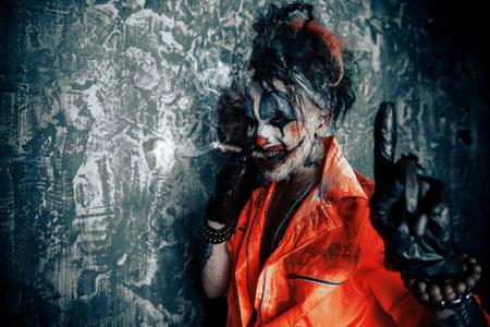 Halloween. Portrait of a disgusting clown man stained in blood over dark background. Male zombie...