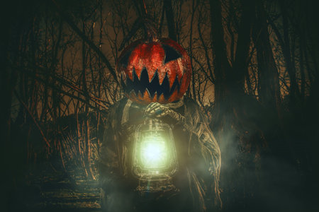 Halloween character. A terrible Jack-lantern with a pumpkin on his head wanders through the night forest.の写真素材