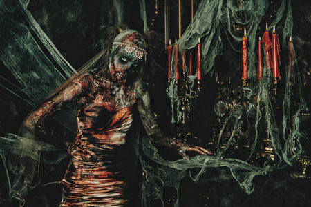 Zombie bride. Bloody dead bride woman in the old abandoned castle. Halloween. Horror.