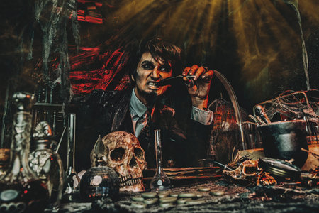 Portrait of a medieval scientist working in his laboratory. Alchemist. Halloween.