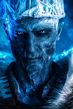 Close-up portrait of The King zombie warrior in the armor of a medieval knight covered with snow. Halloween. Horror fantasy film.の写真素材