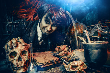 Portrait of a medieval scientist working in his laboratory. Alchemist. Halloween.