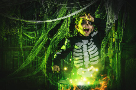 Happy Halloween. Funny child boy in a costume of skeleton cooks a magic potion in a witch's lair.