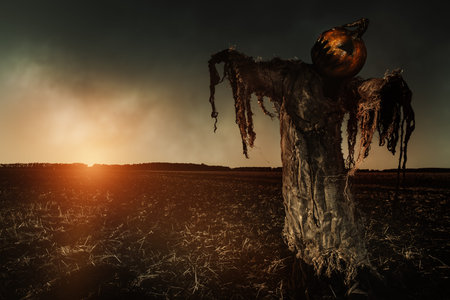 Halloween legend. Portrait of Jack-lantern with a pumpkin on his head standing in the field as a scarecrow.の写真素材